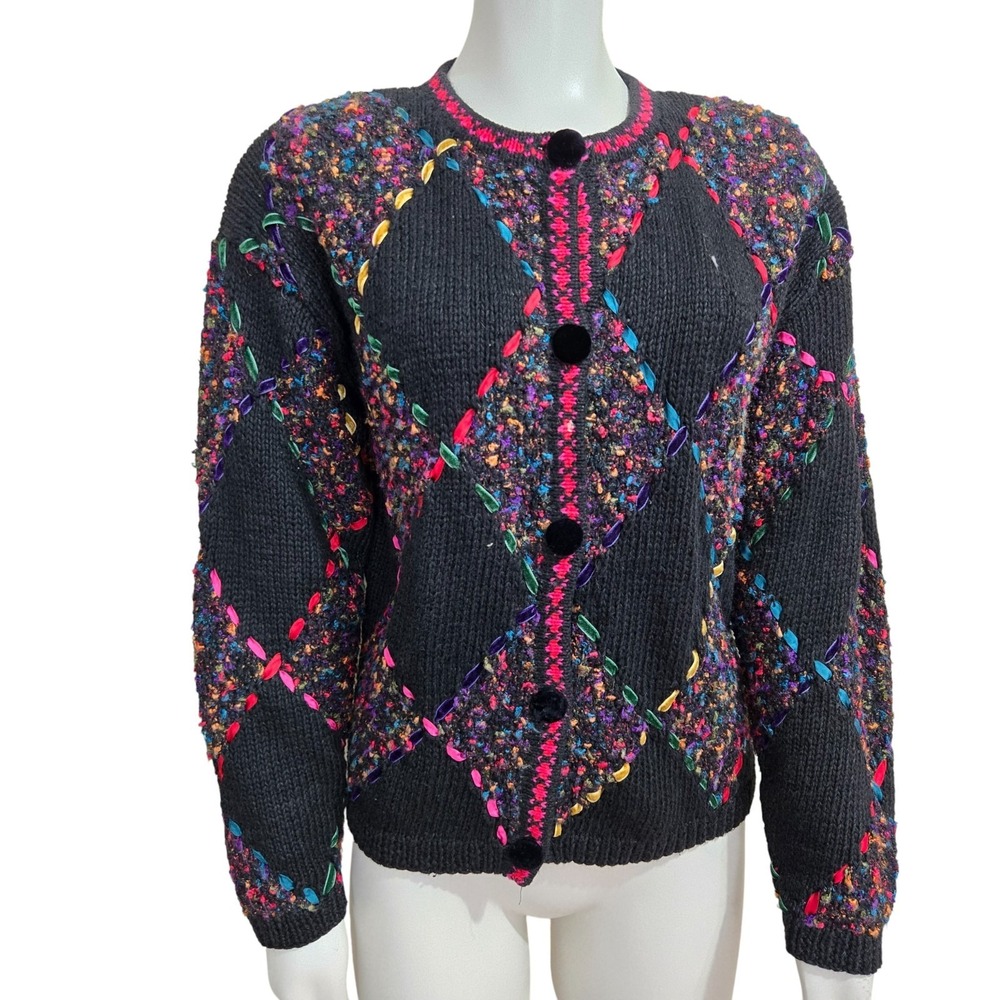 Vintage Thyme Knit Ramie Cardigan Sweater Size S Woven Velvet Ribbon Holiday